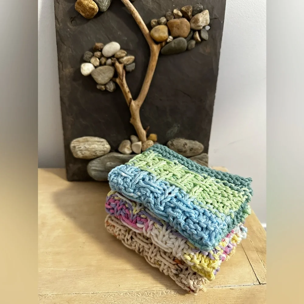 Handmade Knitted Bath Multi-Colored Washcloths: Made from 100% Cotton Set of 3